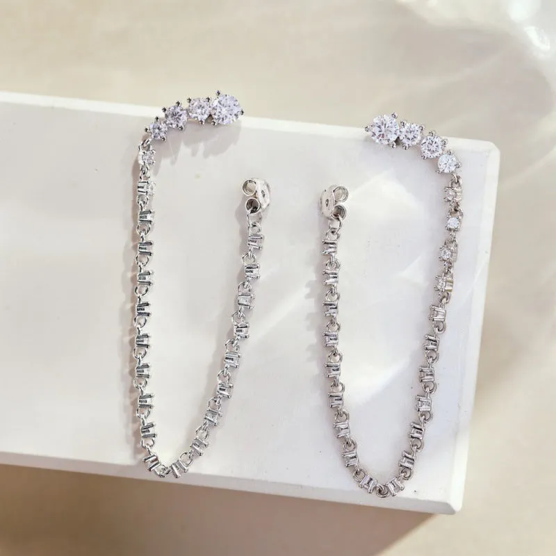 Women's 925 silver rhinestone zircon chain stud earrings 4x10.5mm electroplated finish on white background