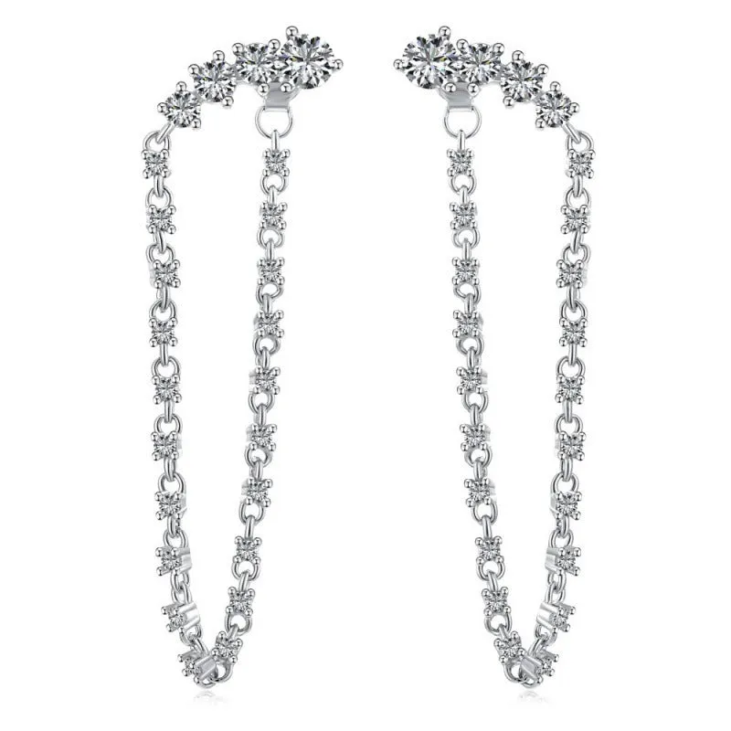 Women's 925 silver rhinestone zircon chain stud earrings 4x10.5mm electroplated finish on white background