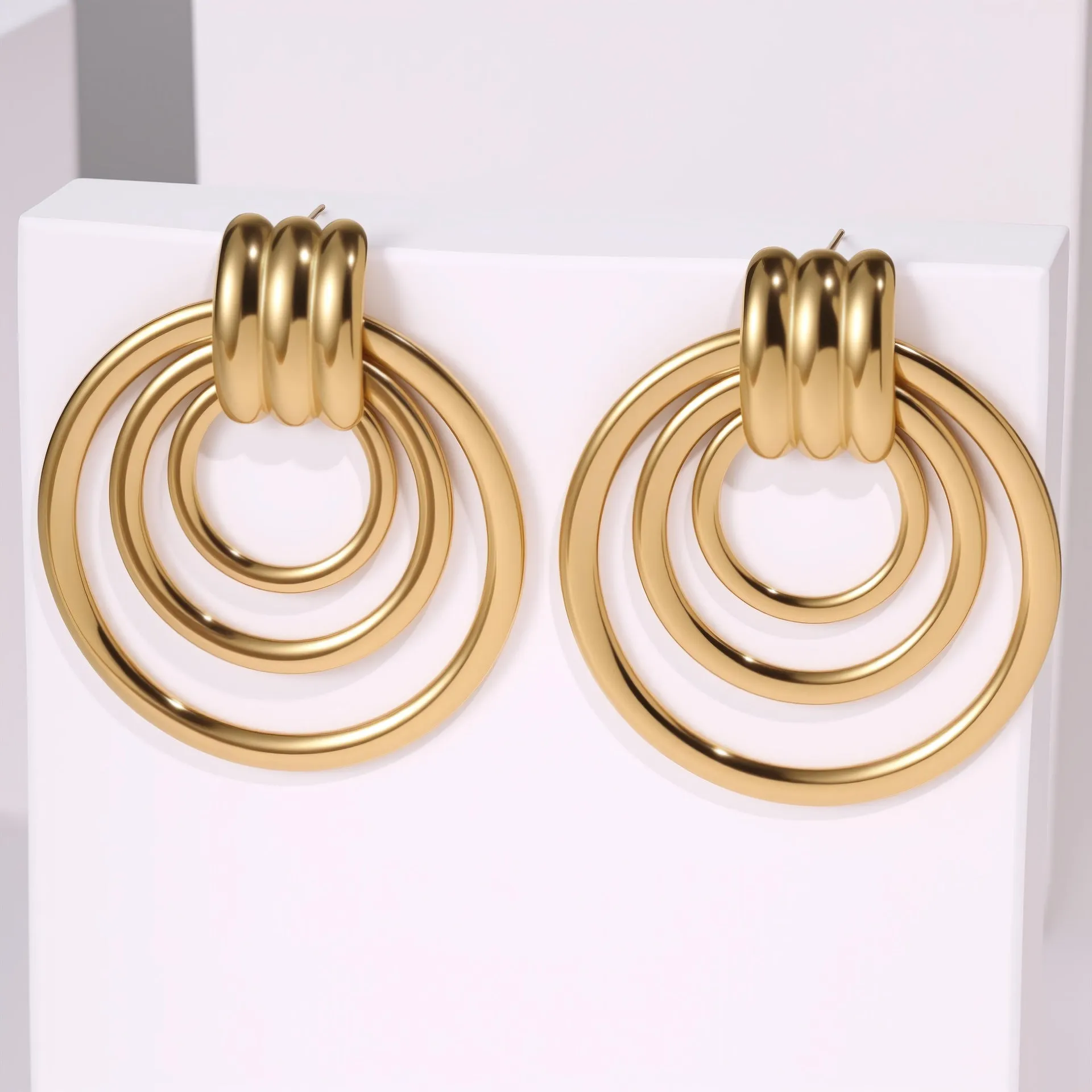 18K gold plated stainless steel geometric circle earrings with gold finish for women