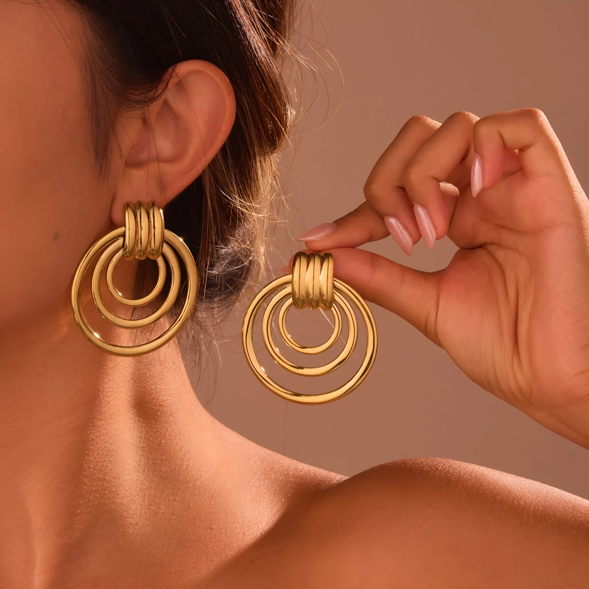 18K gold plated stainless steel geometric circle earrings with gold finish for women