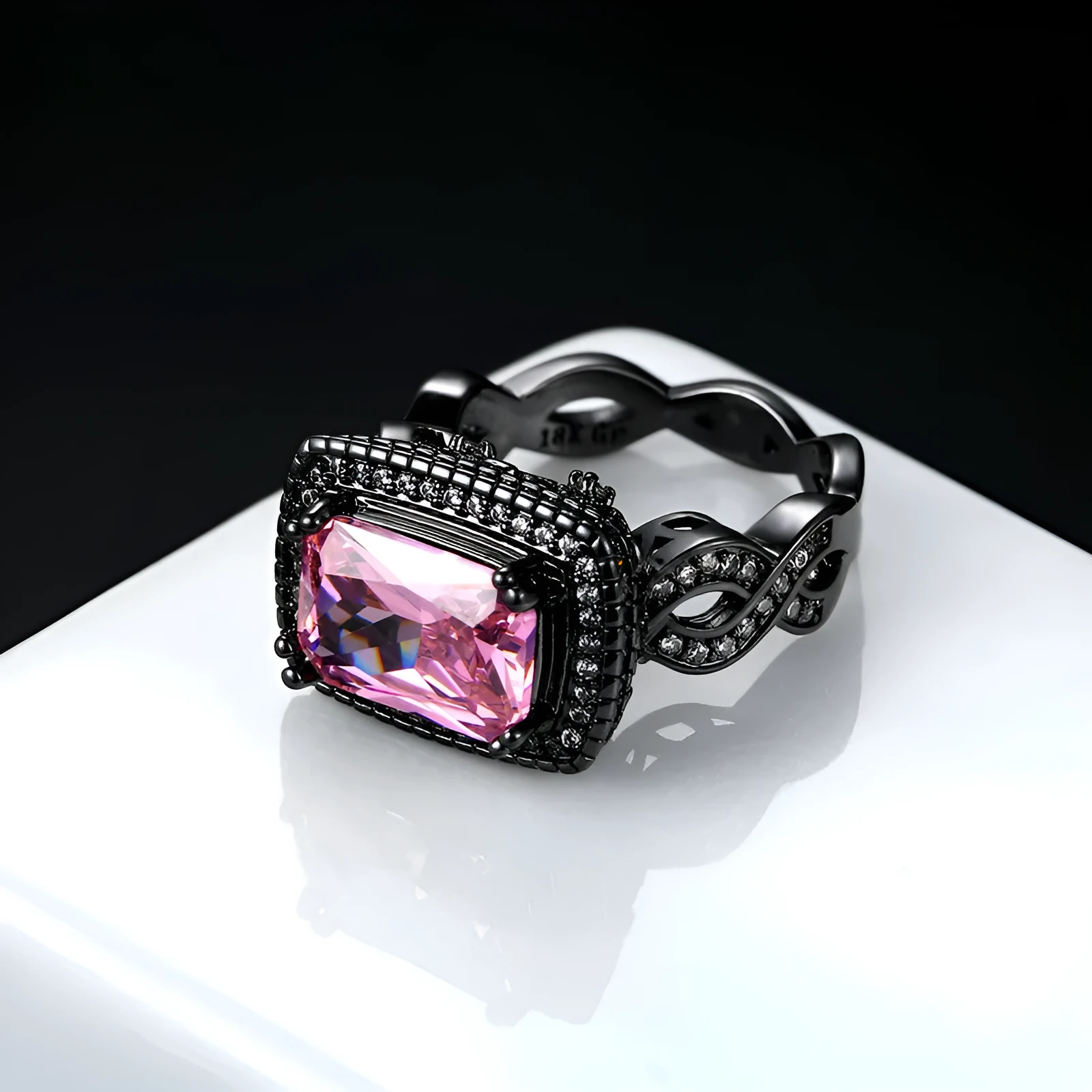 Black gold plated copper ring with pink zircon ball ornament inlay for women
