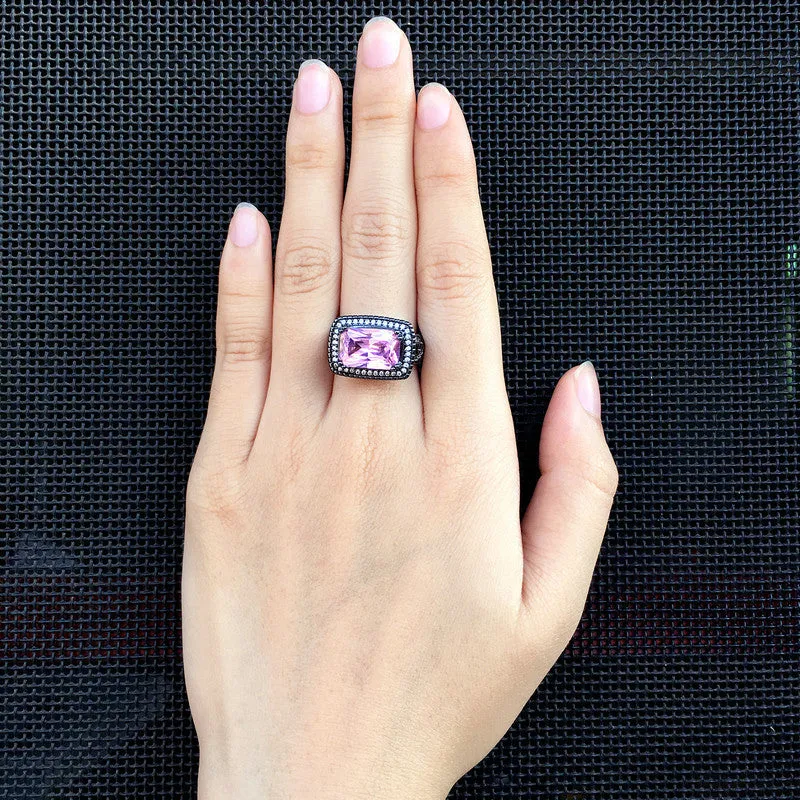 Black gold plated copper ring with pink zircon ball ornament inlay for women