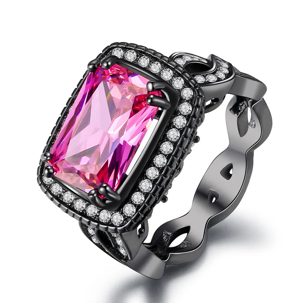 Black gold plated copper ring with pink zircon ball ornament inlay for women