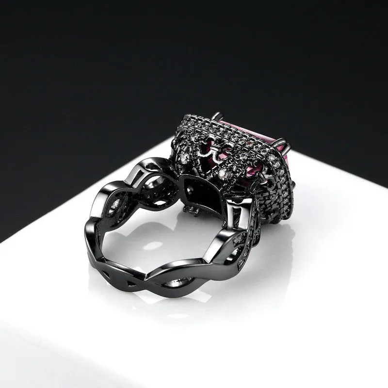 Black gold plated copper ring with pink zircon ball ornament inlay for women
