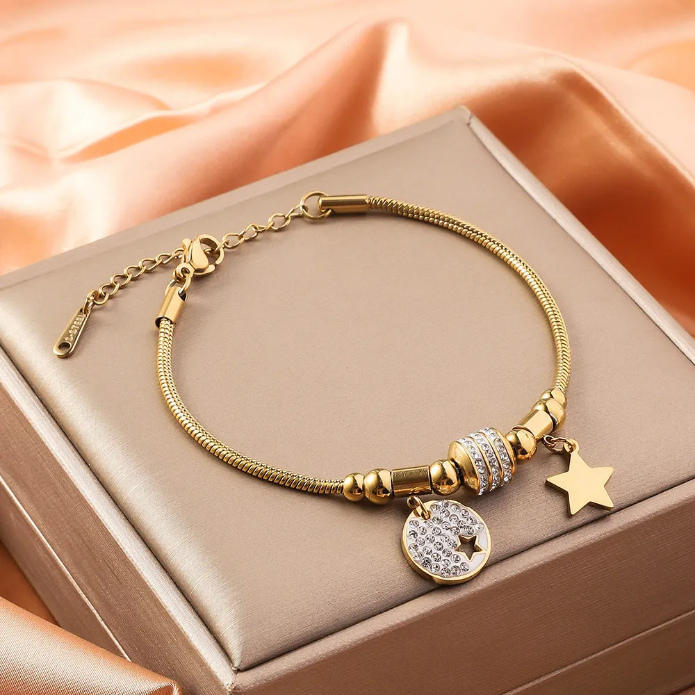 Titanium steel bracelet with electroplated colour and an inlaid shell design, showing pattern options like a five-pointed star.