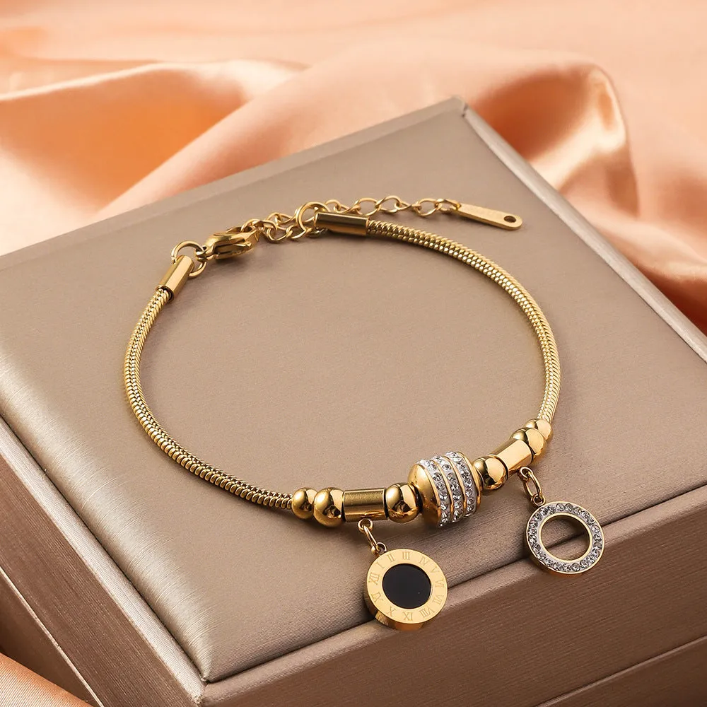 Titanium steel bracelet with electroplated colour and an inlaid shell design, showing pattern options like a five-pointed star.