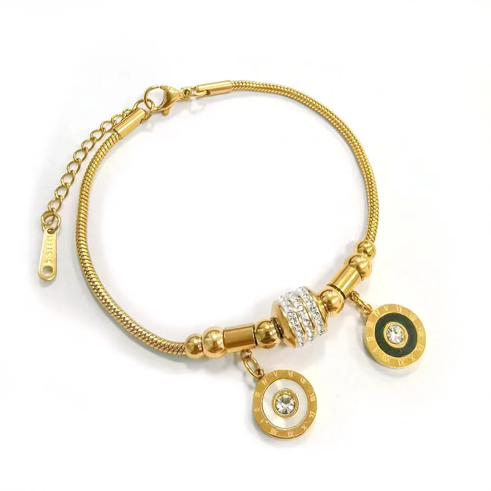 Titanium steel bracelet with electroplated colour and an inlaid shell design, showing pattern options like a five-pointed star.