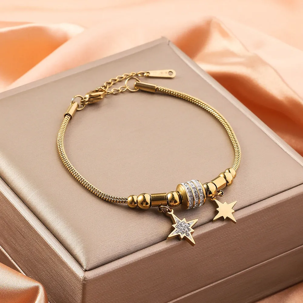 Titanium steel bracelet with electroplated colour and an inlaid shell design, showing pattern options like a five-pointed star.