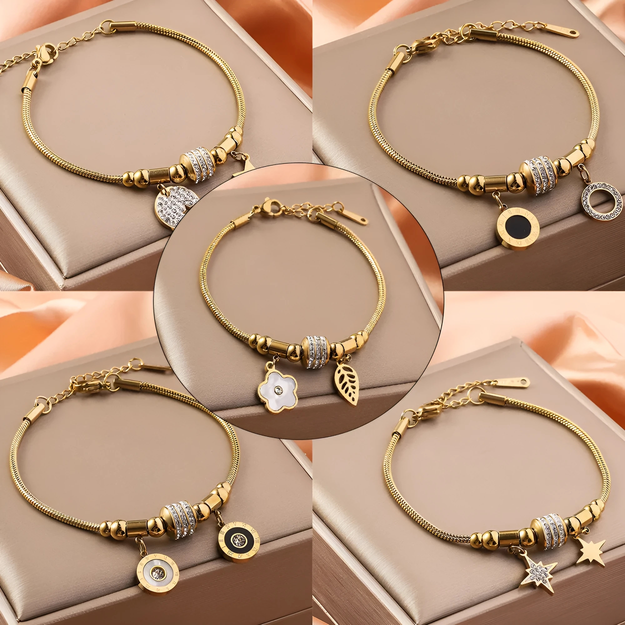 Titanium steel bracelet with electroplated colour and an inlaid shell design, showing pattern options like a five-pointed star.