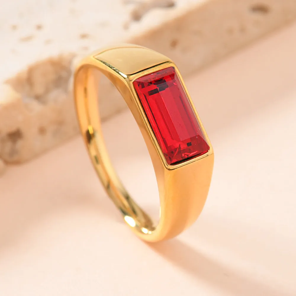 Rectangular colour rhinestone stainless steel ring with 18K gold plating in unisex sizes No 6-10