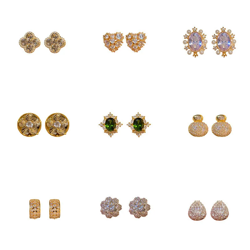 Light luxury heart-shaped zircon inlaid copper ear studs for women, gold, silver, purple, blue colours, geometric design