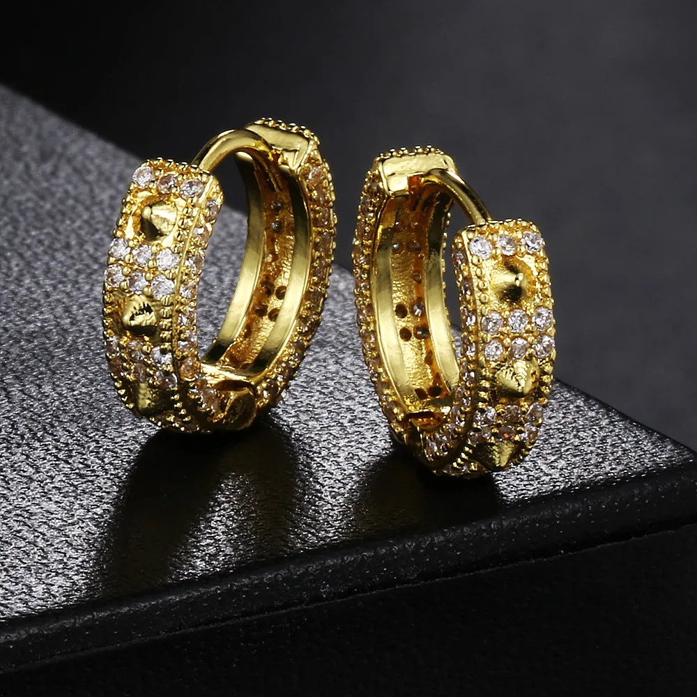 Geometric full diamond hip hop ear clips in copper with gold white stone finish