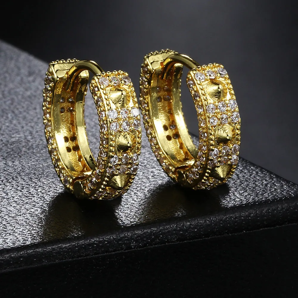 Geometric full diamond hip hop ear clips in copper with gold white stone finish