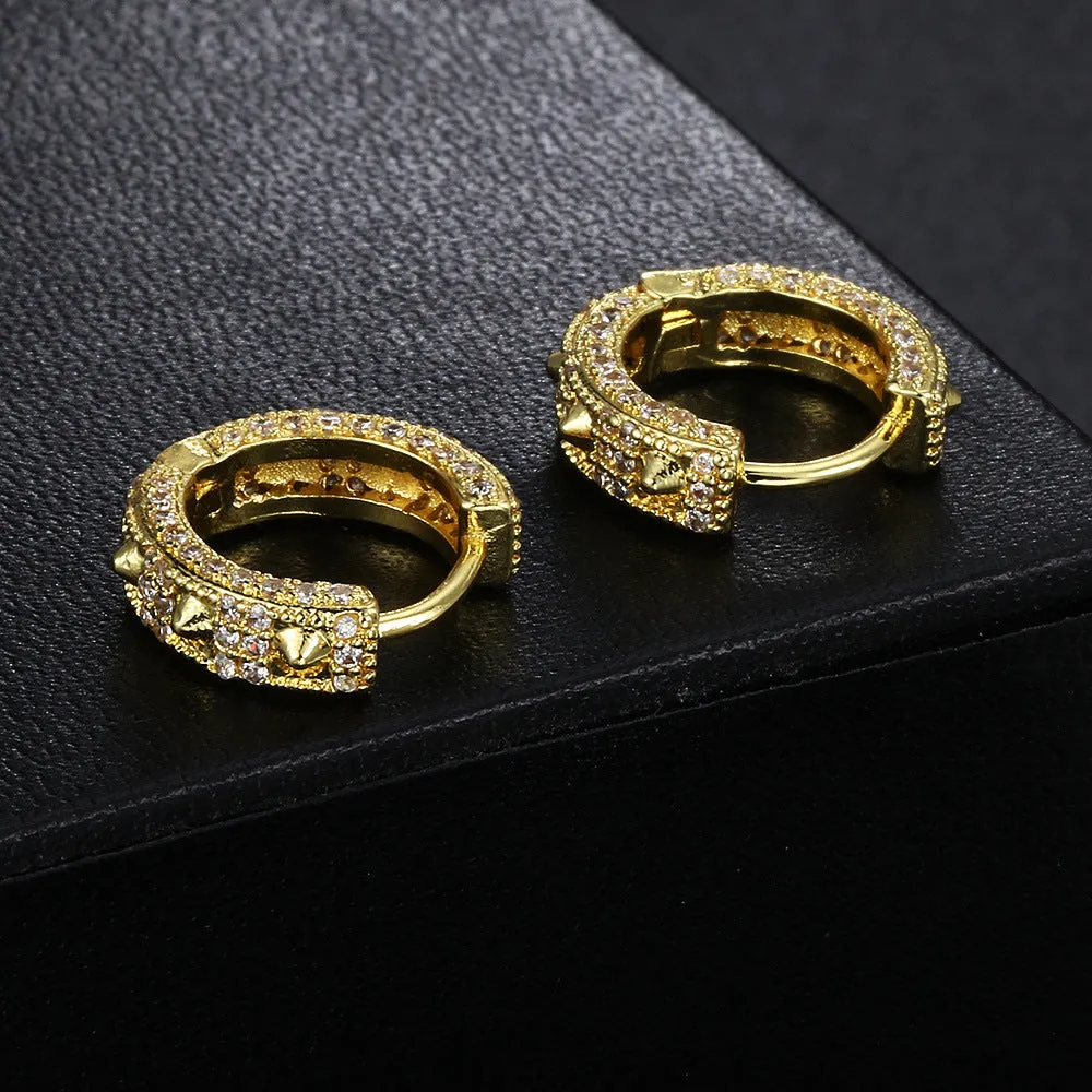 Geometric full diamond hip hop ear clips in copper with gold white stone finish