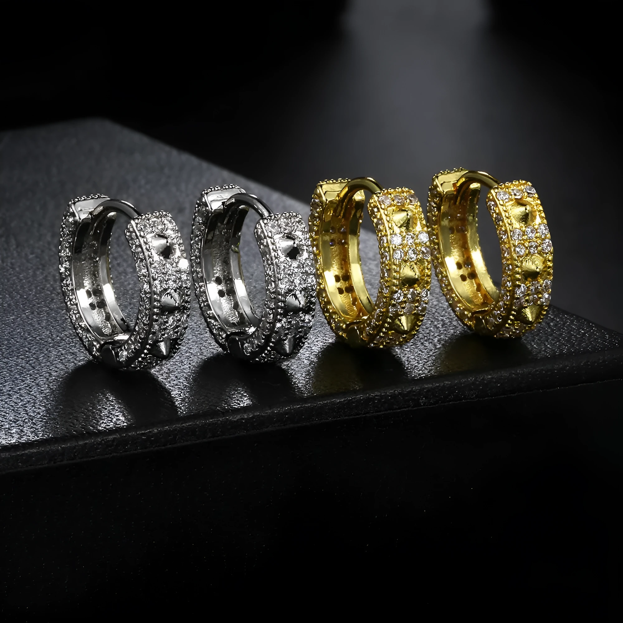 Geometric full diamond hip hop ear clips in copper with gold white stone finish