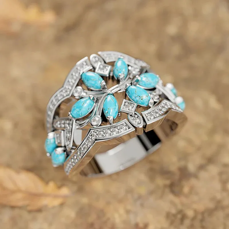 Japanese Korean ethnic style ring for women with inlaid zircon white gold colour copper geometric retro design