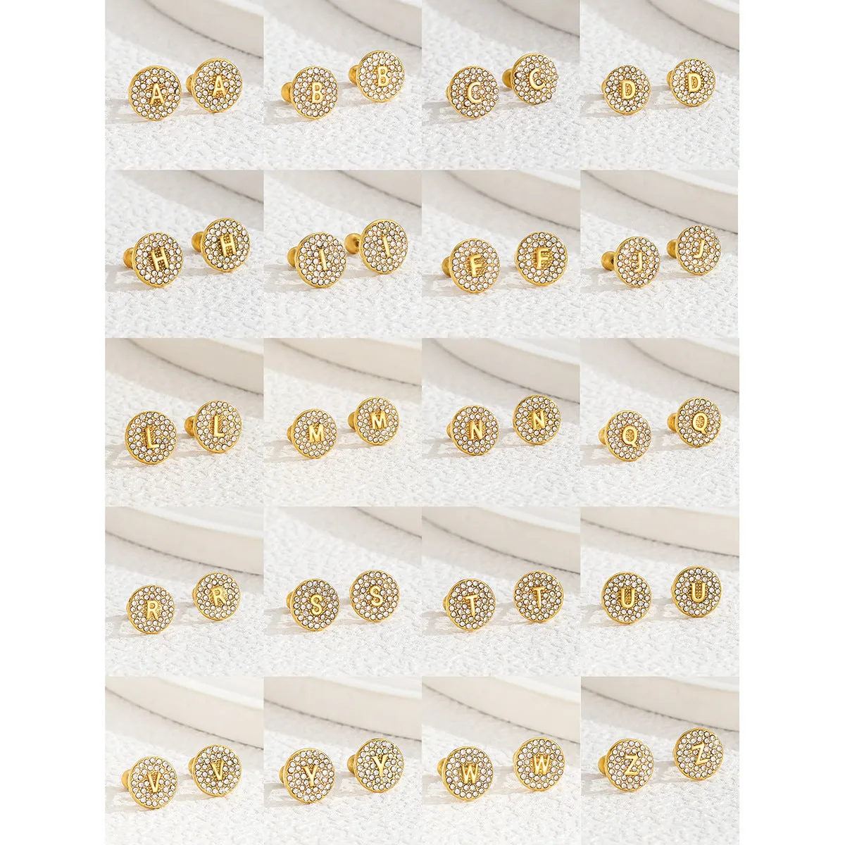 Round micro inlaid zircon stainless steel stud earring with real gold plating, English letter A on a unisex college style earring