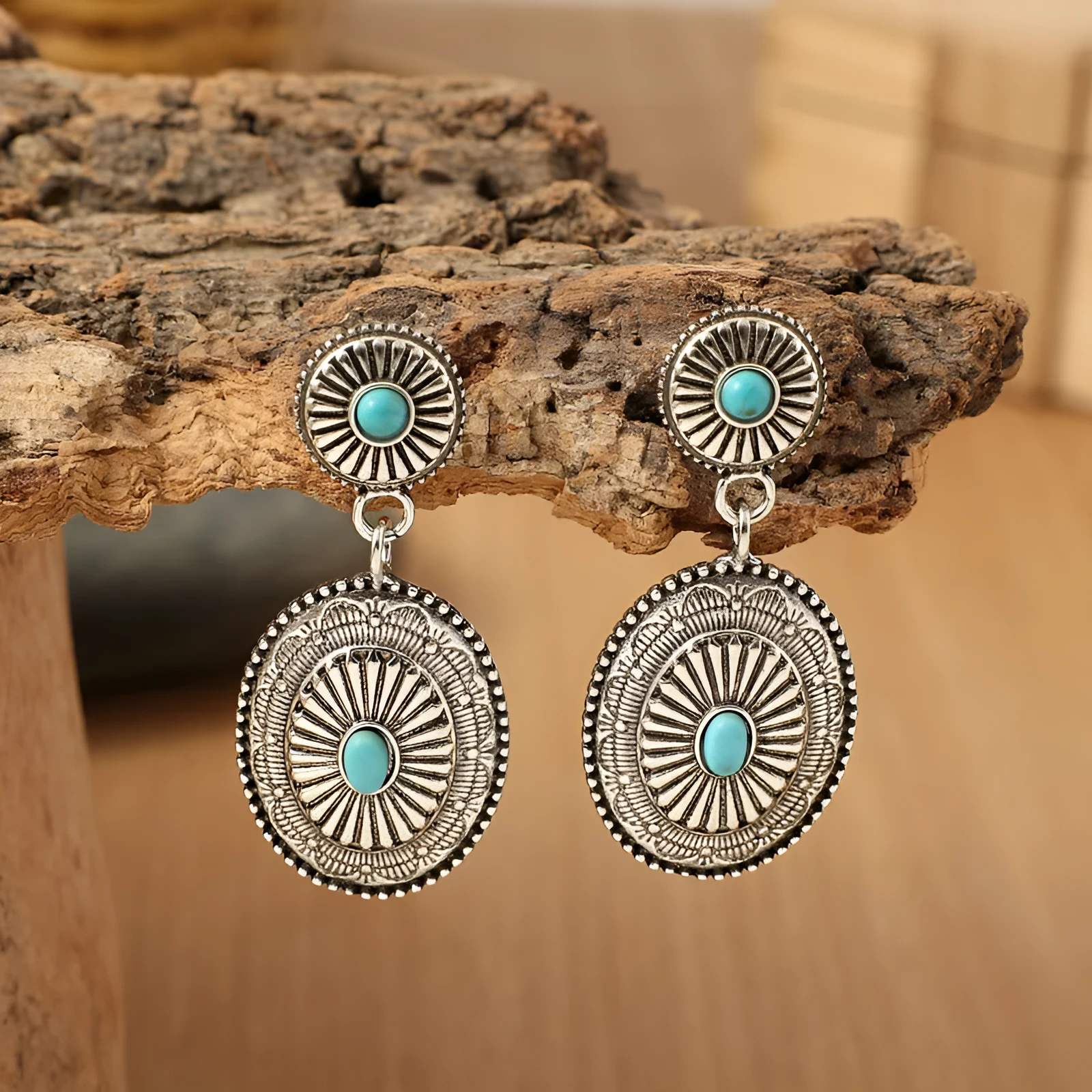 Alloy drop earrings in silver turquoise with electroplated finish, retro pumpkin flower shape
