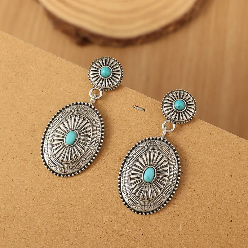 Alloy drop earrings in silver turquoise with electroplated finish, retro pumpkin flower shape