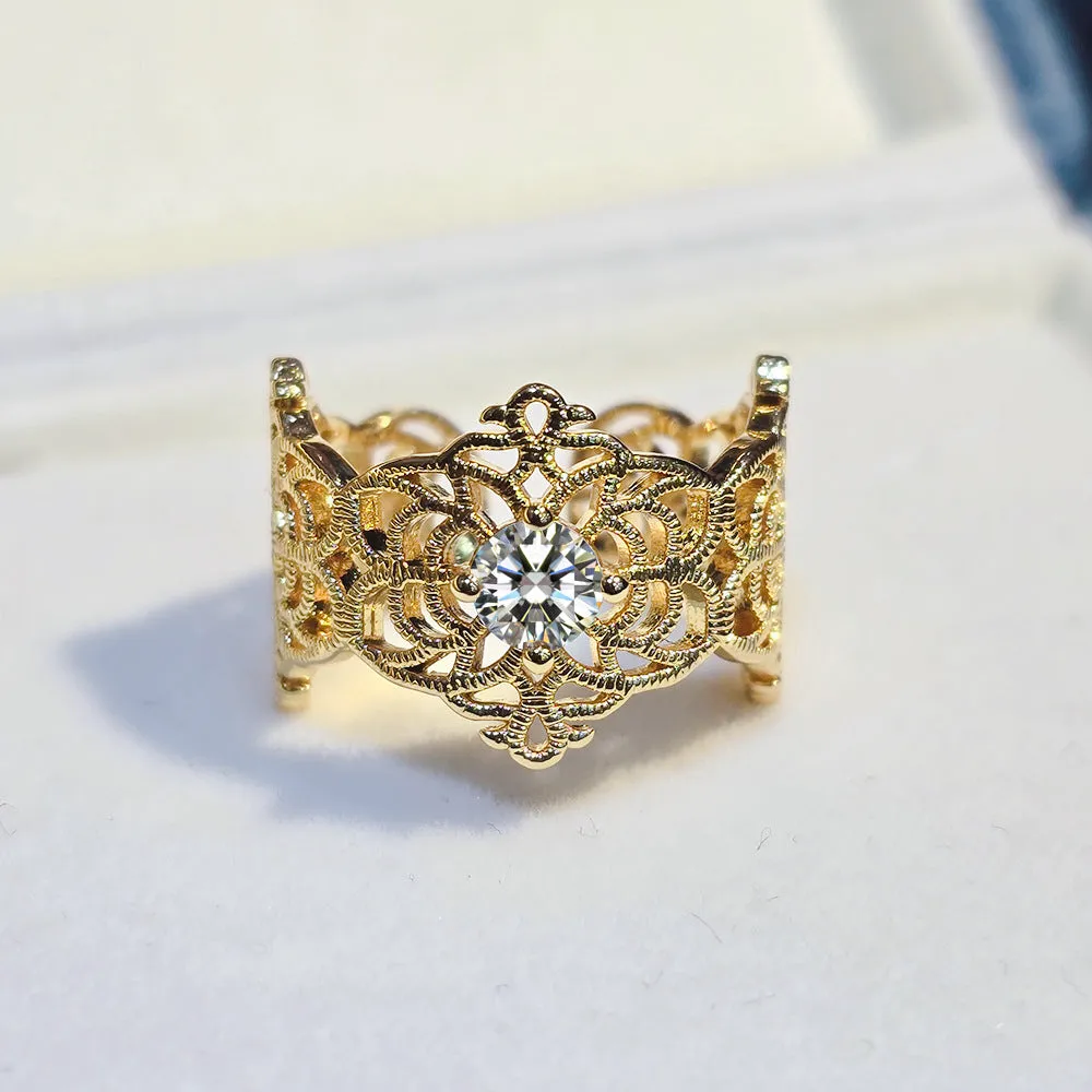 Adjustable copper ring with silver lace kaleidoscope design for women