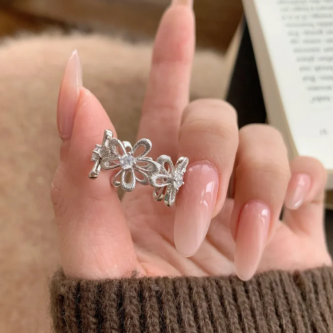 Adjustable copper ring with silver lace kaleidoscope design for women