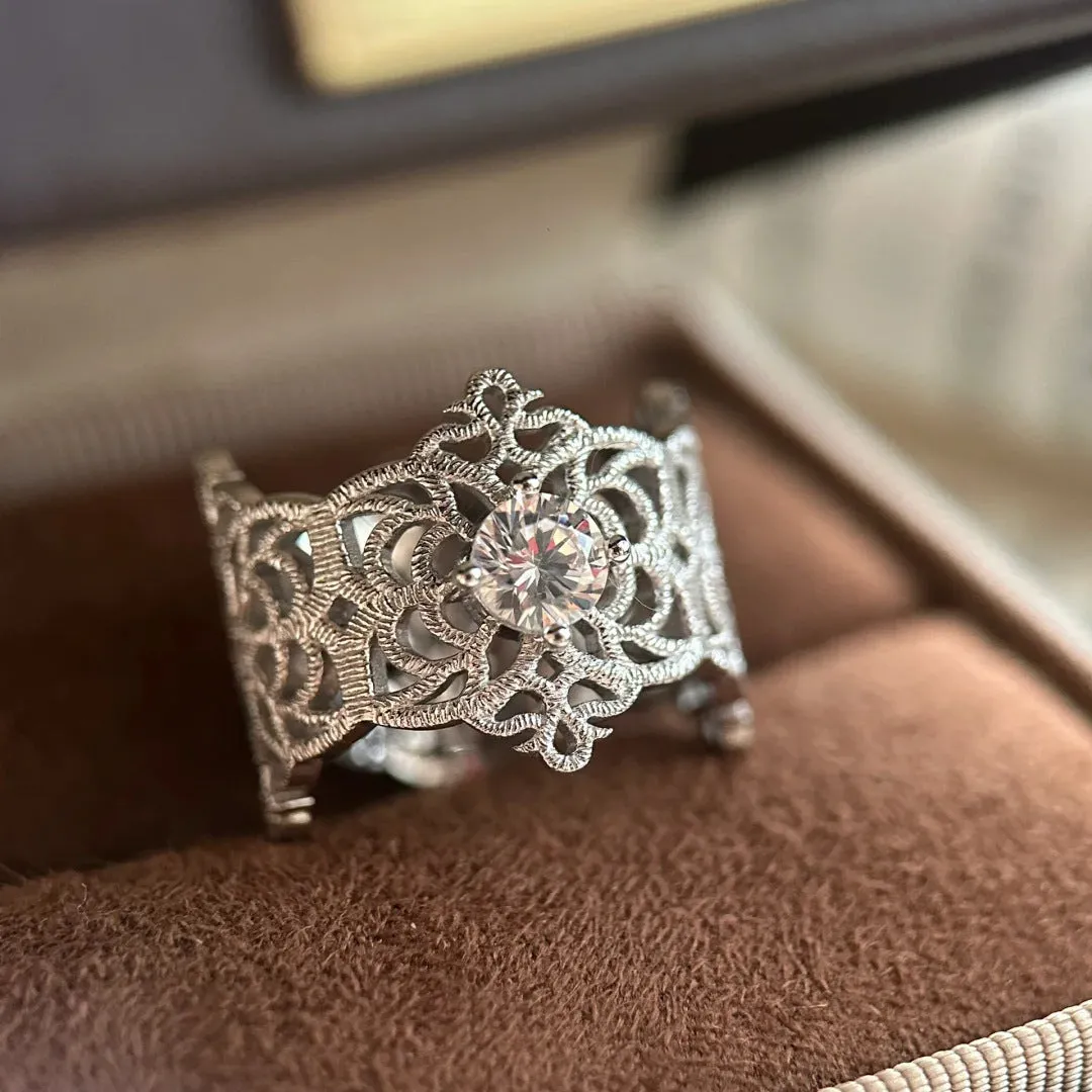 Adjustable copper ring with silver lace kaleidoscope design for women
