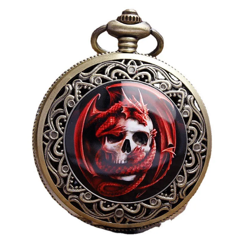Classical retro ceramic skull pocket watch with alloy case 4.7cm bronze skull detail and chain