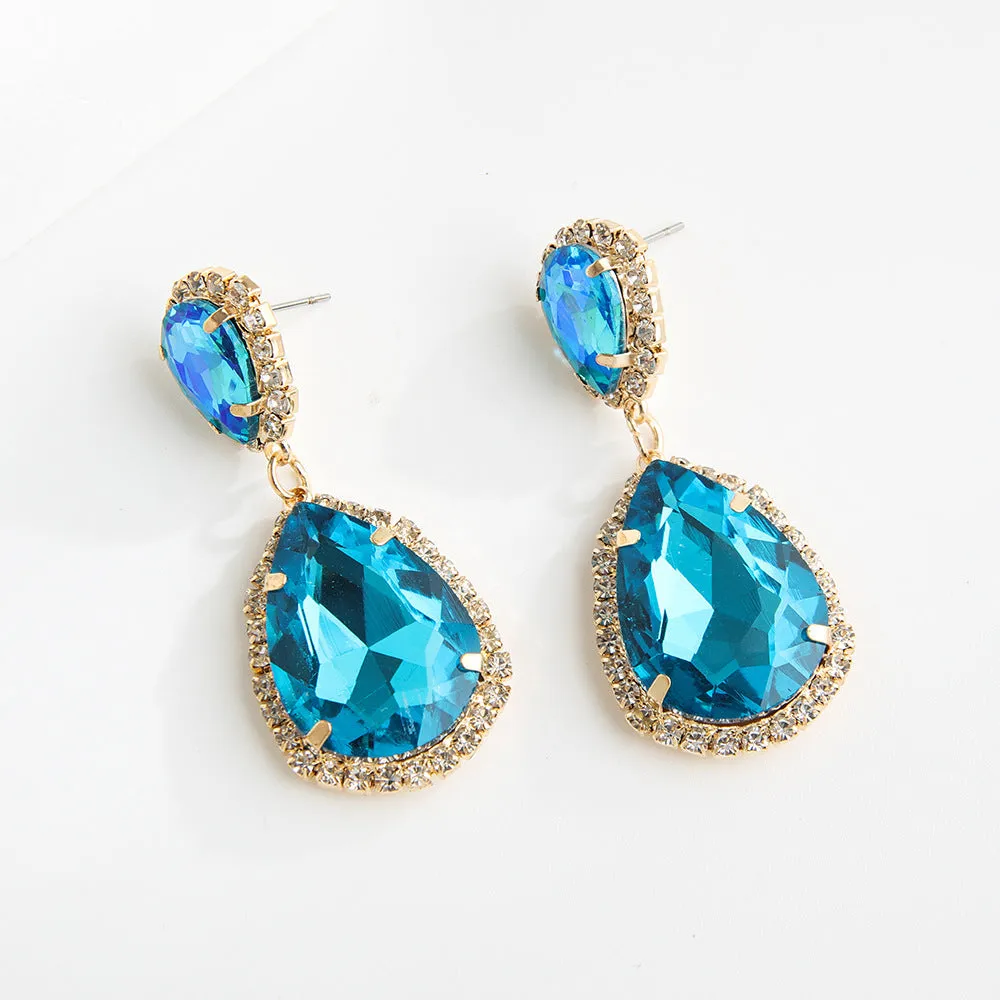 Multi-layer drop-shaped glass rhinestone metal alloy earrings for women in rose red, champagne, and blue