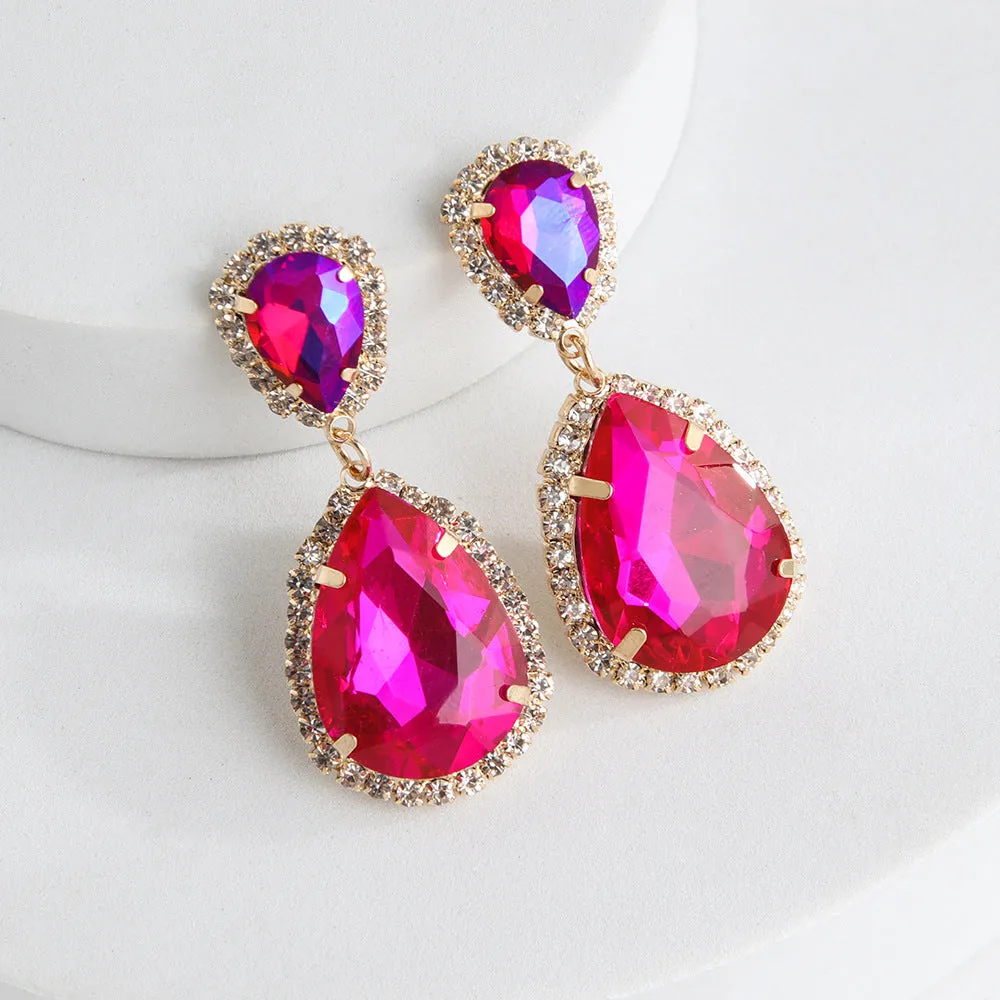 Multi-layer drop-shaped glass rhinestone metal alloy earrings for women in rose red, champagne, and blue