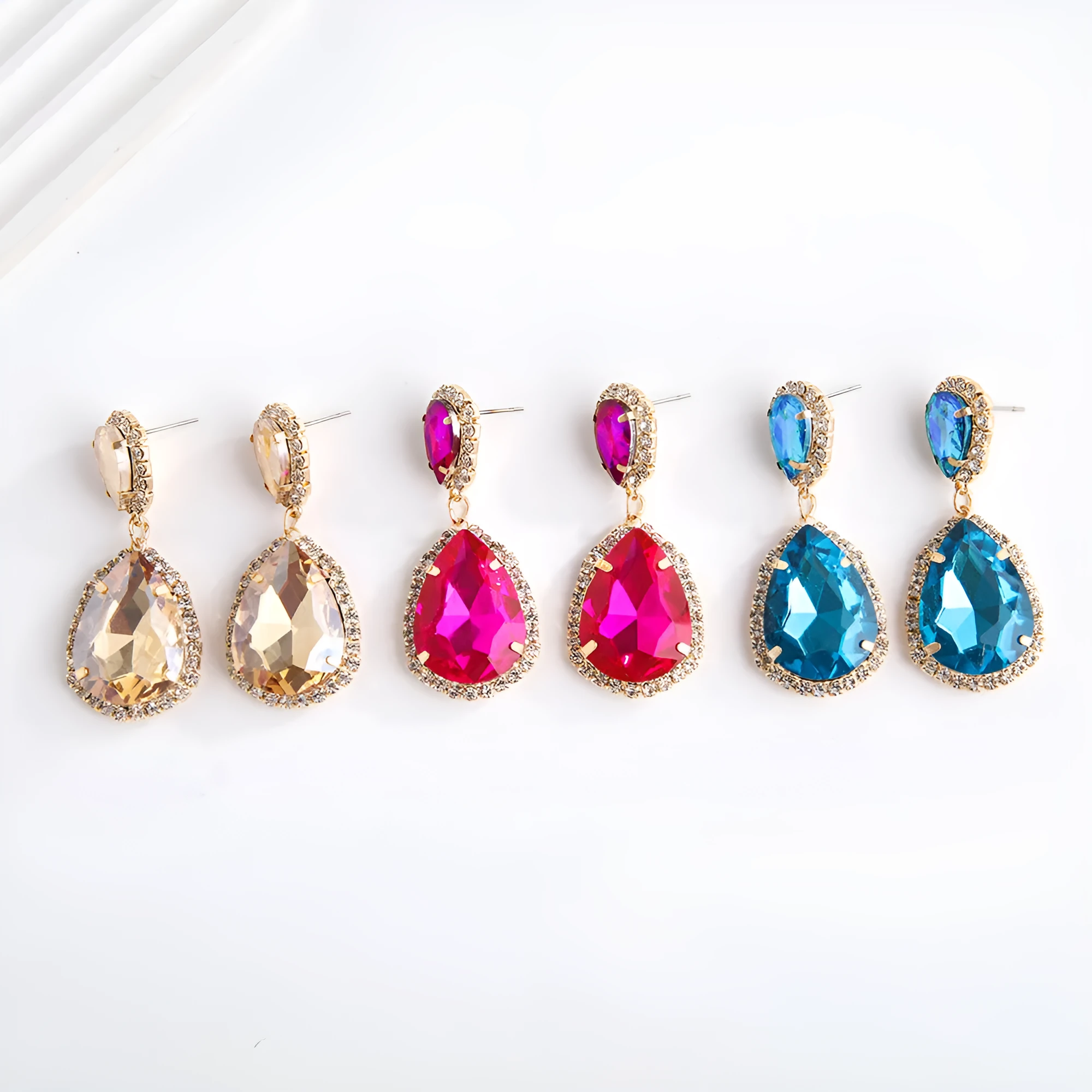 Multi-layer drop-shaped glass rhinestone metal alloy earrings for women in rose red, champagne, and blue