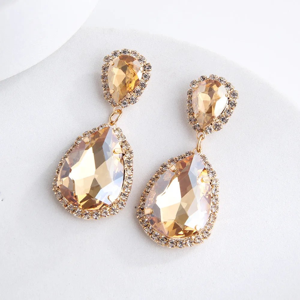 Multi-layer drop-shaped glass rhinestone metal alloy earrings for women in rose red, champagne, and blue