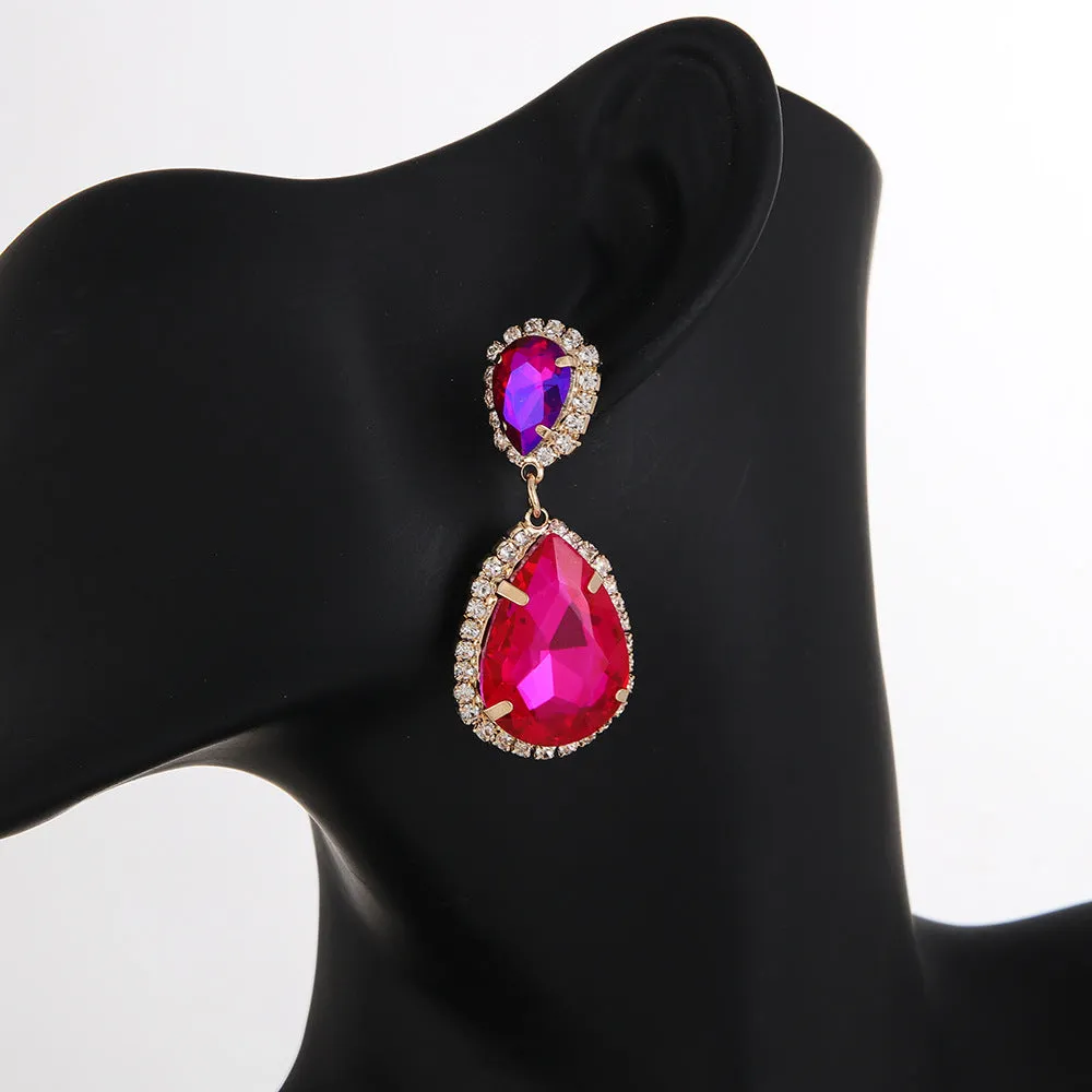 Multi-layer drop-shaped glass rhinestone metal alloy earrings for women in rose red, champagne, and blue