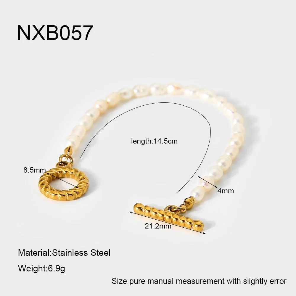 Women's freshwater pearl and geometric stainless steel necklace and bracelet set on a grey background