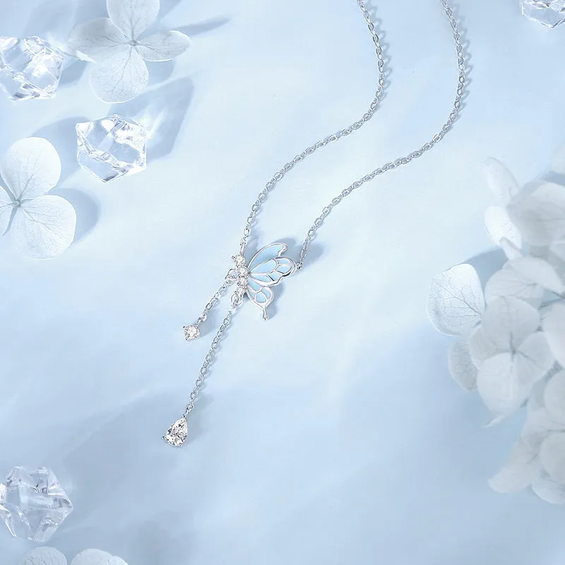 Sterling silver S925 butterfly tassel necklace with noctilucent luminous pendant and adjustable O-ring chain on white background