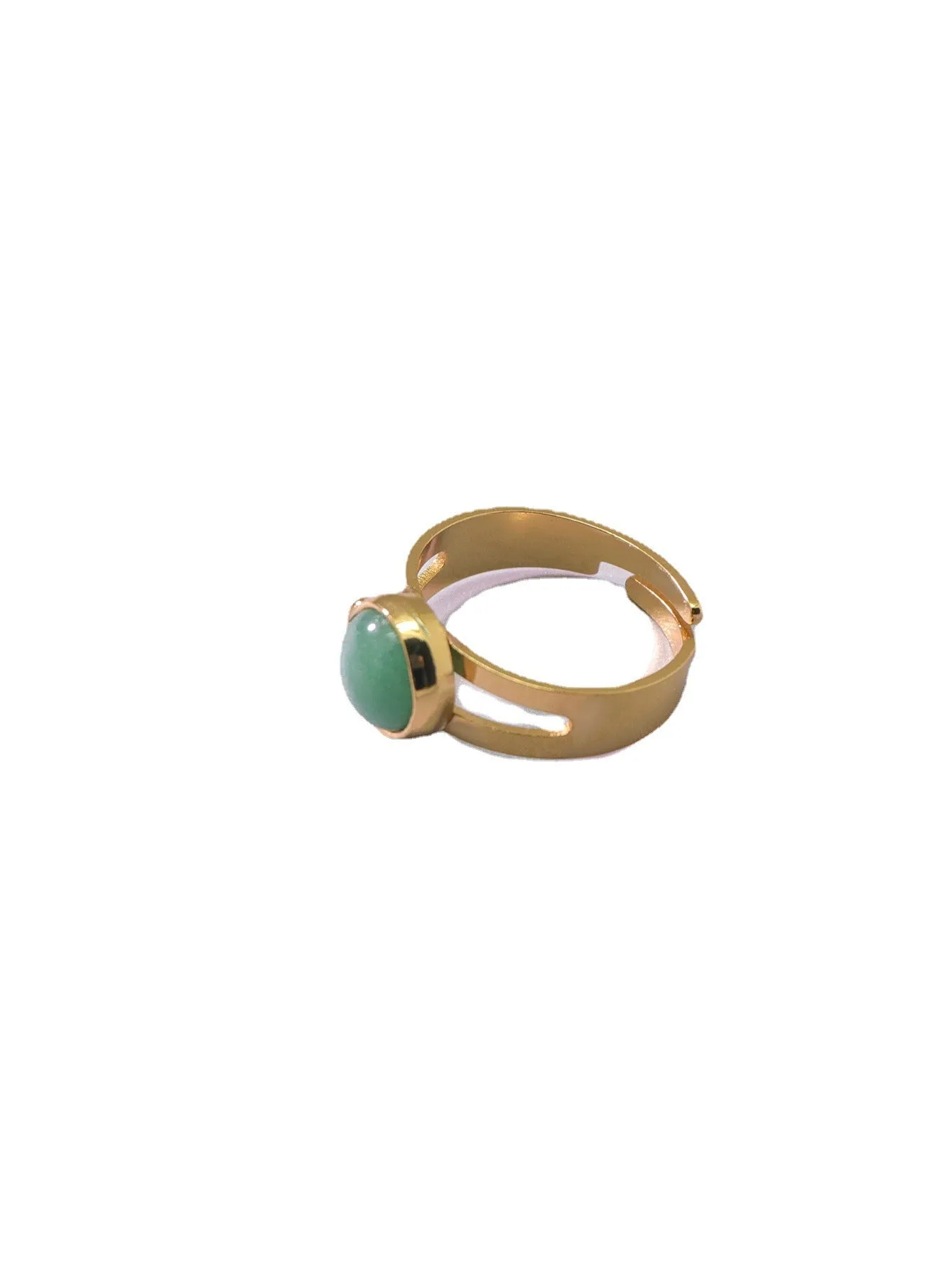 Copper adjustable ring with green natural stone inlay and gold-toned plating on white background