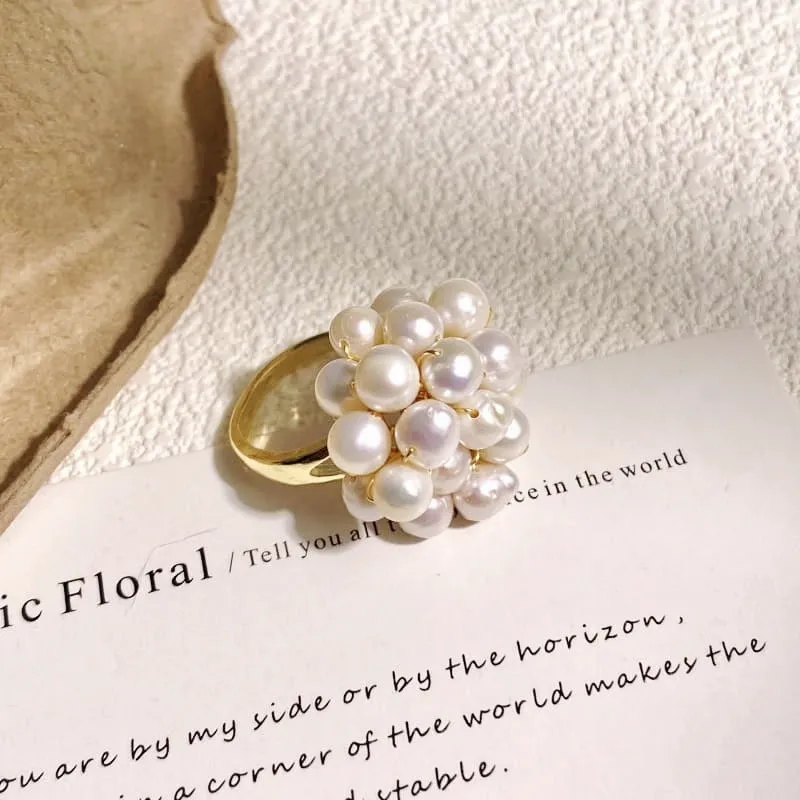 White pearl open ring geometric shape non-fading finish handmade fashion OL style on white background
