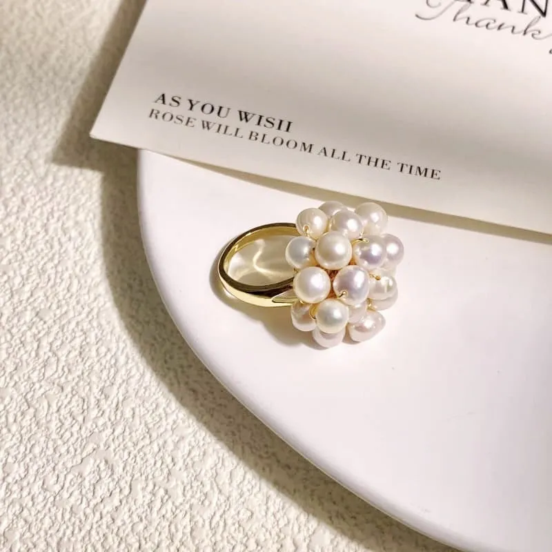 White pearl open ring geometric shape non-fading finish handmade fashion OL style on white background