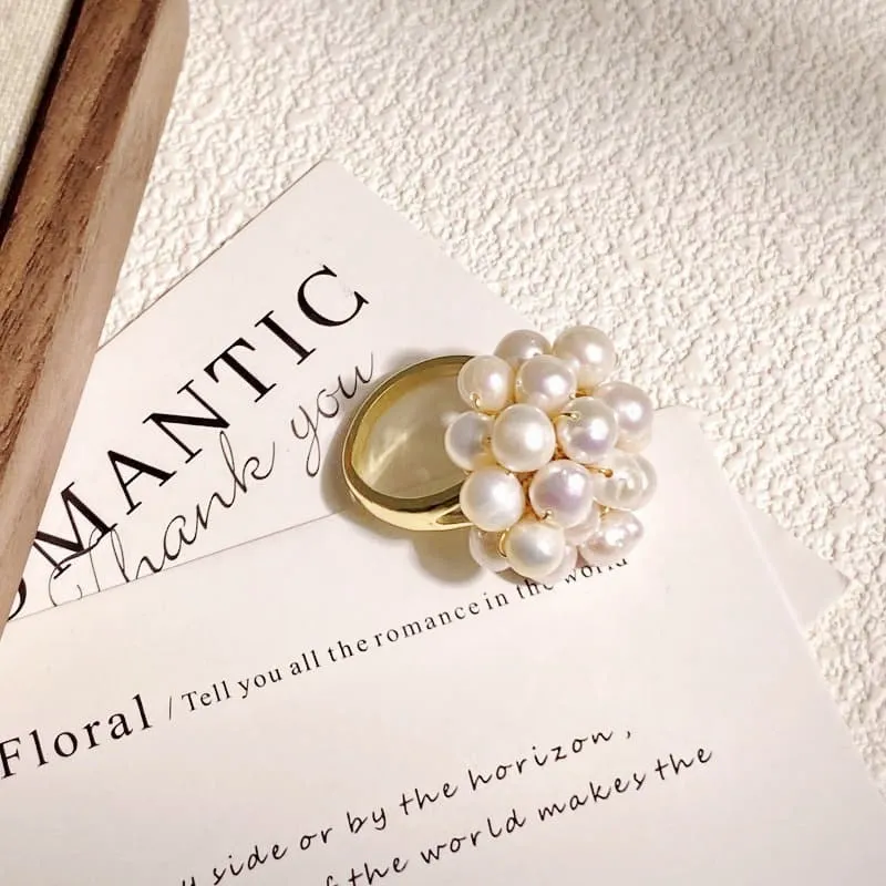 White pearl open ring geometric shape non-fading finish handmade fashion OL style on white background