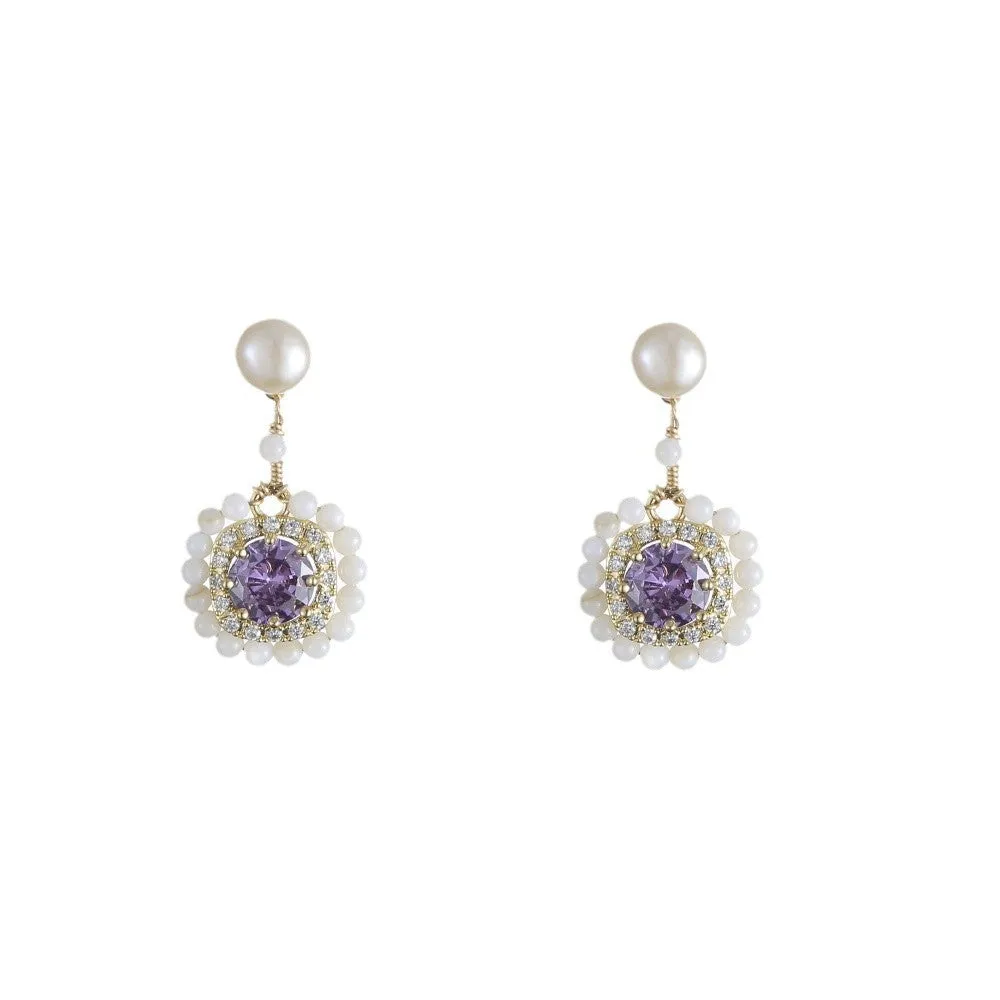 Natural freshwater pearl flower-shaped earrings in purple with diamond treatment finish