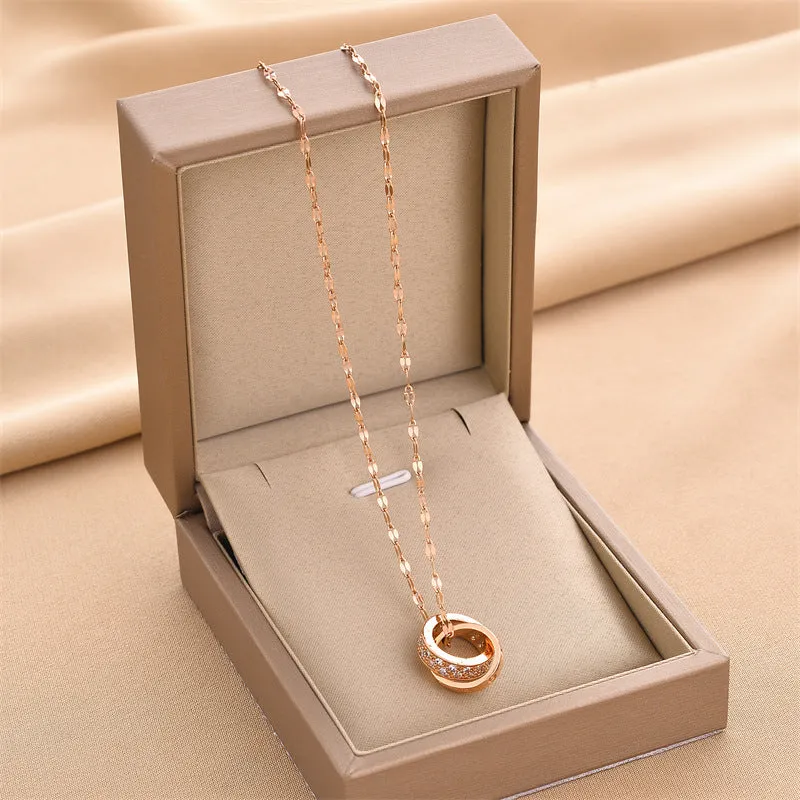 Double ring titanium steel necklace for women, gold finish, simple design, electroplated