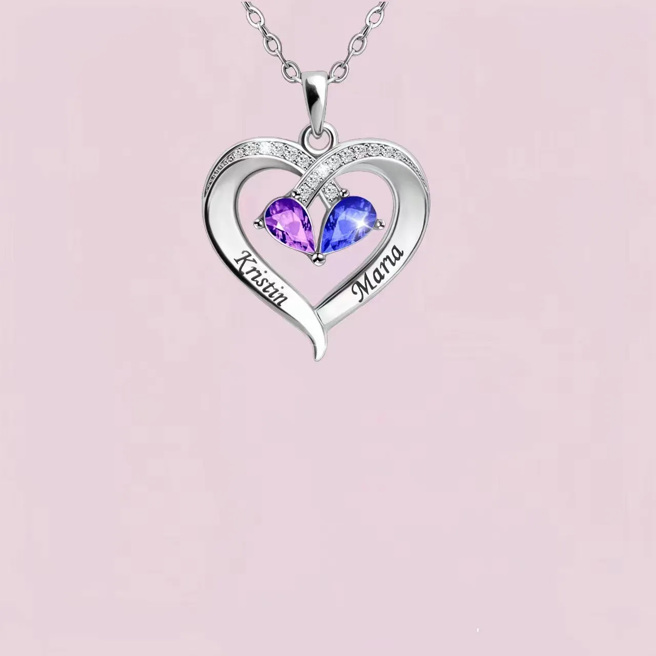 Women's heart necklace with two-tone water drop pendant and peach birthstone in electroplated copper