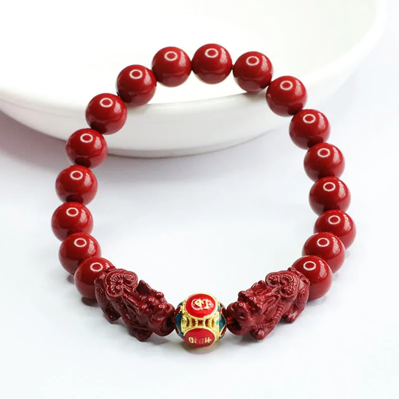 Close-up of a purple gold sand Cinnabar bracelet with carved Double Pixiu design, bead size 8mm.