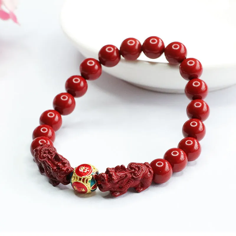 Close-up of a purple gold sand Cinnabar bracelet with carved Double Pixiu design, bead size 8mm.