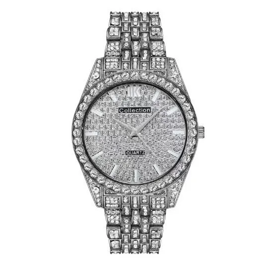 Fashion starry quartz watch with 40mm dial, spiral crown, and stainless steel buckle in black gold finish