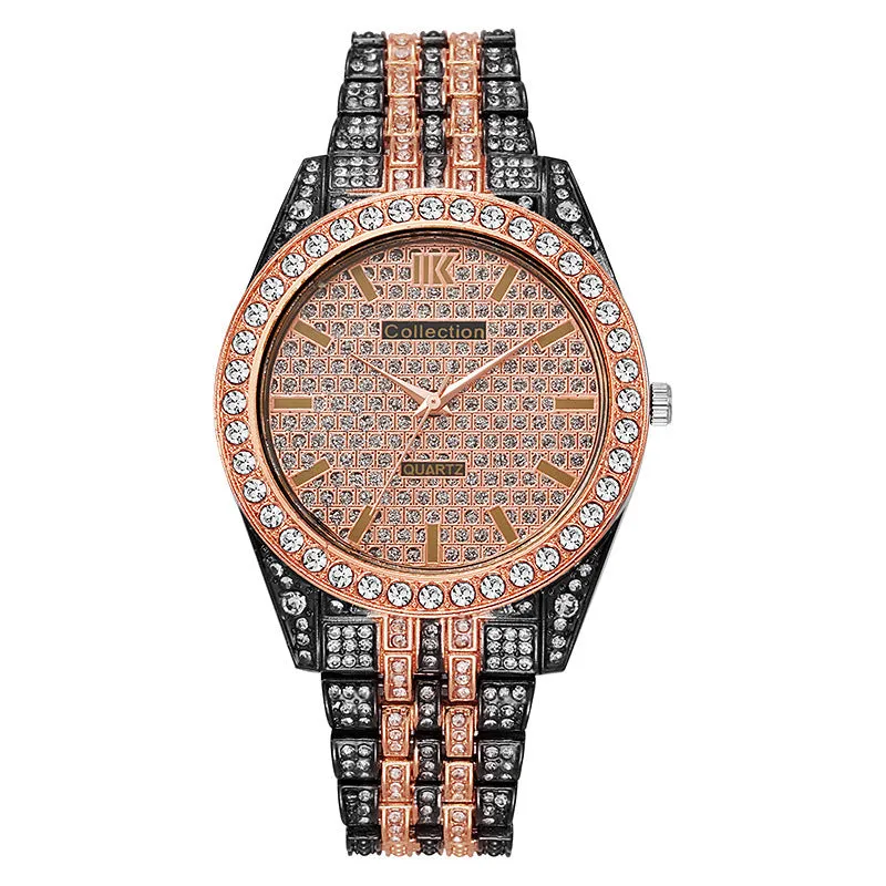 Fashion starry quartz watch with 40mm dial, spiral crown, and stainless steel buckle in black gold finish