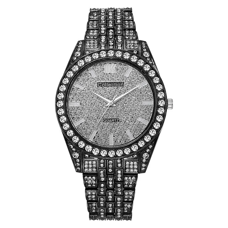 Fashion starry quartz watch with 40mm dial, spiral crown, and stainless steel buckle in black gold finish