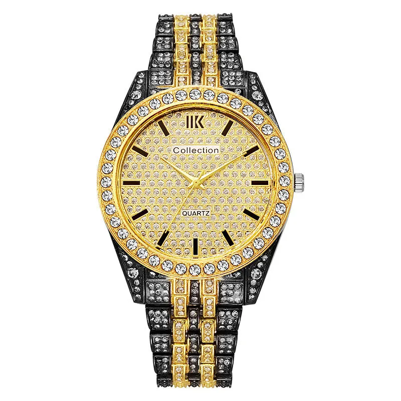 Fashion starry quartz watch with 40mm dial, spiral crown, and stainless steel buckle in black gold finish