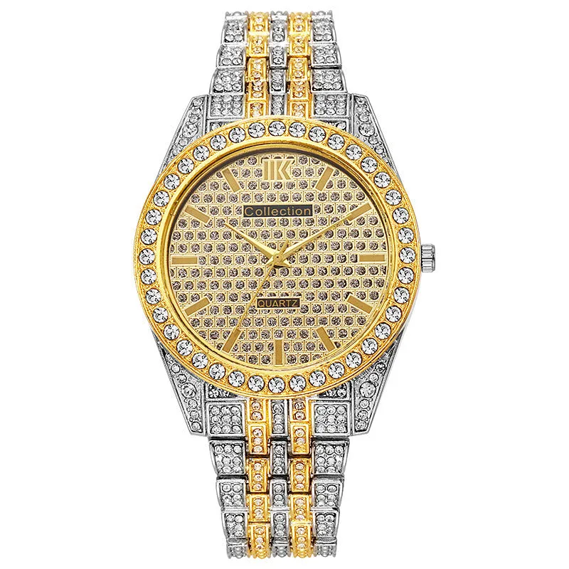 Fashion starry quartz watch with 40mm dial, spiral crown, and stainless steel buckle in black gold finish