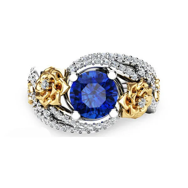 Flower rose two-tone copper ring for women with blue artificial gemstone on a white background