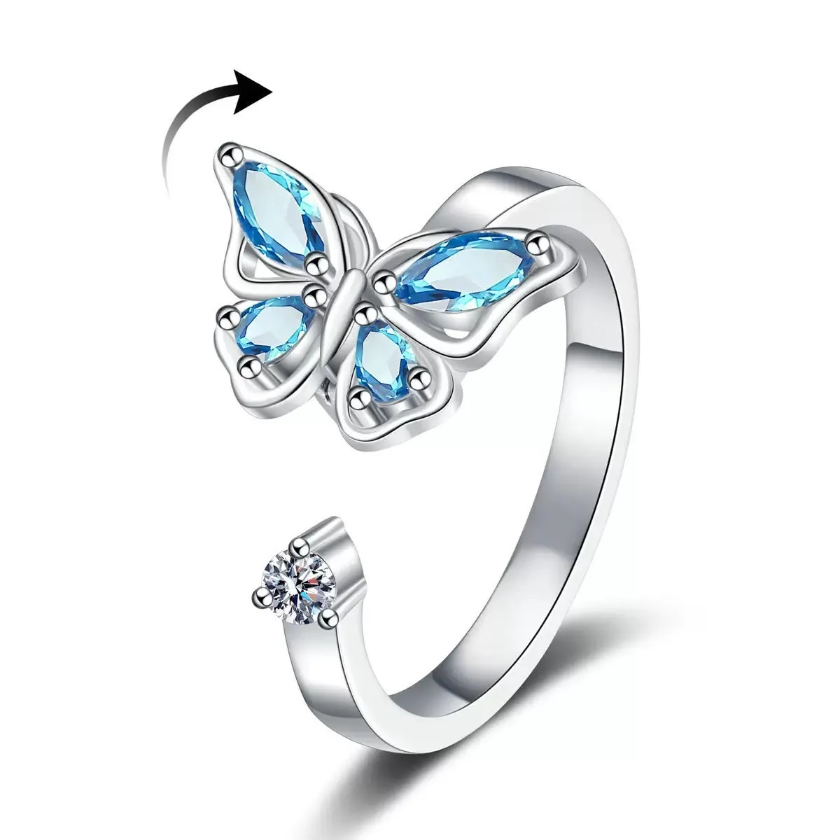 Butterfly adjustable ring with electroplated white gold finish and blue diamond accent on copper base